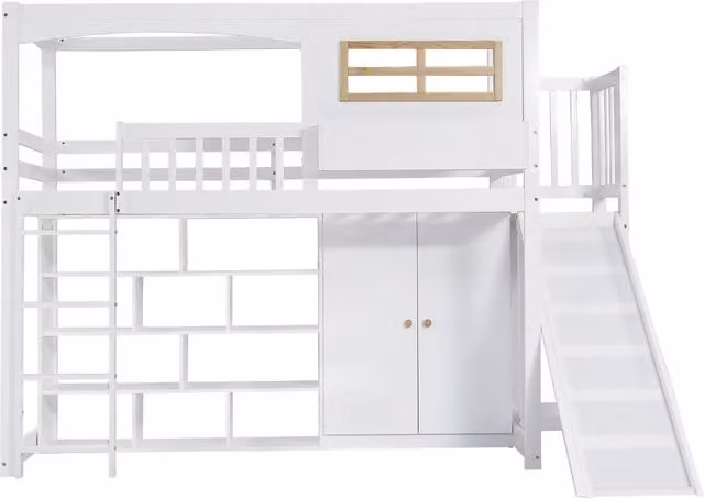 Letto a castello per bambini bianco con scivolo, armadio, scala a 4 gradini, 90x200 cm in pino, MDF e compensato