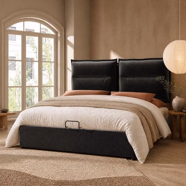 Letto matrimoniale imbottito idraulico 140x200 cm con testiera regolabile e spazio contenitore, struttura in legno, velluto nero senza materasso