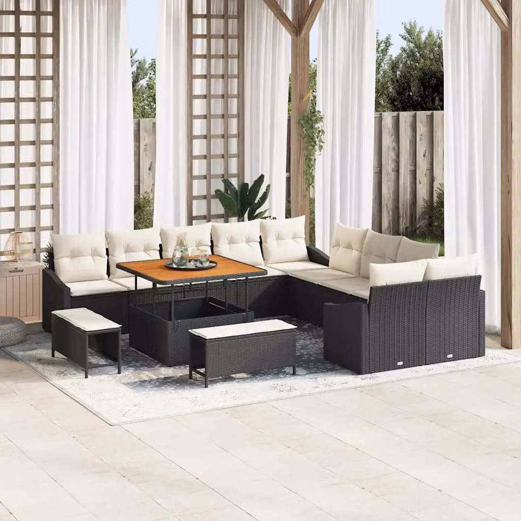 Set Divano da Giardino Moderno vidaXL con Cuscini e Tavolino, Struttura in Metallo e Polyrattan, Nero e Beige – 1