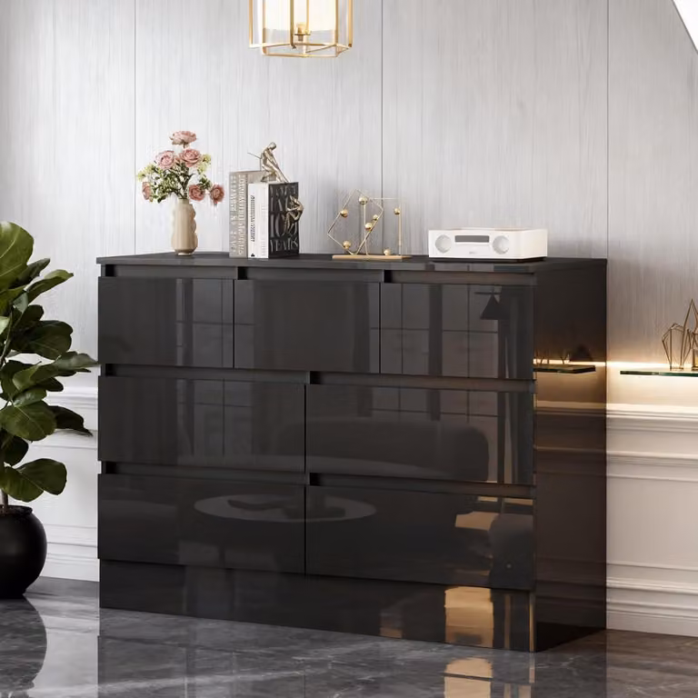 Comodino bianco laccato lucido, 6/7/8 cassetti, dimensioni 120x77x40 cm / 120x99x40 cm