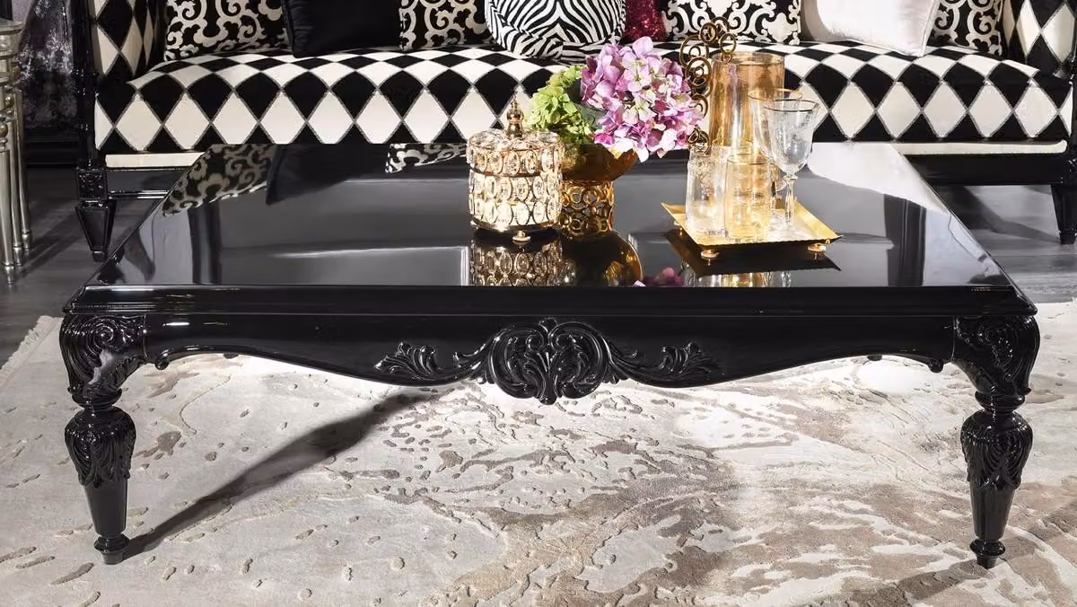 Casa Padrino tavolino barocco nero 144 x 98 x h. 46 cm - Tavolo da salotto in stile barocco con piano in vetro - Mobili barocchi