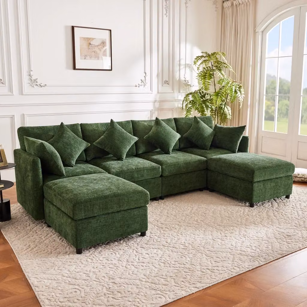 Divano panoramico modulare MIVRAY in ciniglia verde con 2 pouf e 6 cuscini, configurabile a U o L, L/P/H: 278 x 81 x 161 cm – 2