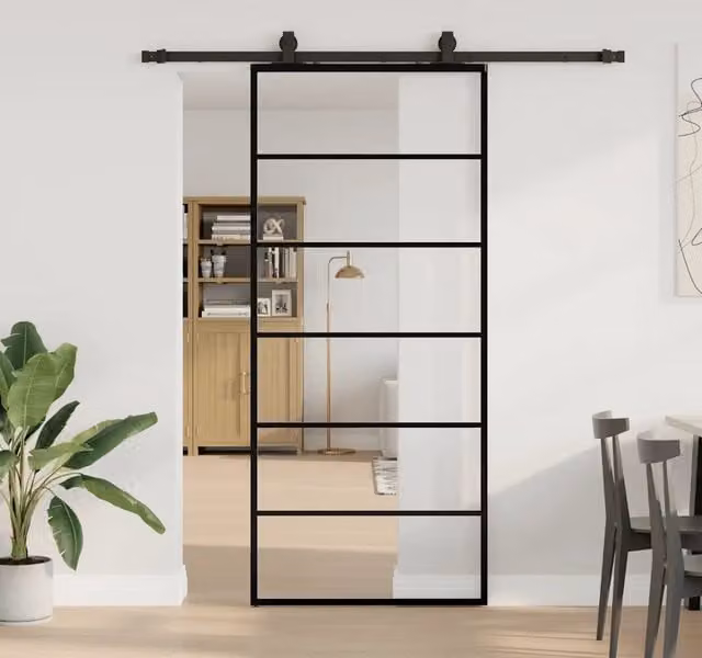 Porta Scorrevole Moderna vidaXL in Vetro Trasparente con Telaio in Alluminio e Ferramenta Nera L: 90 cm, H: 205 cm
