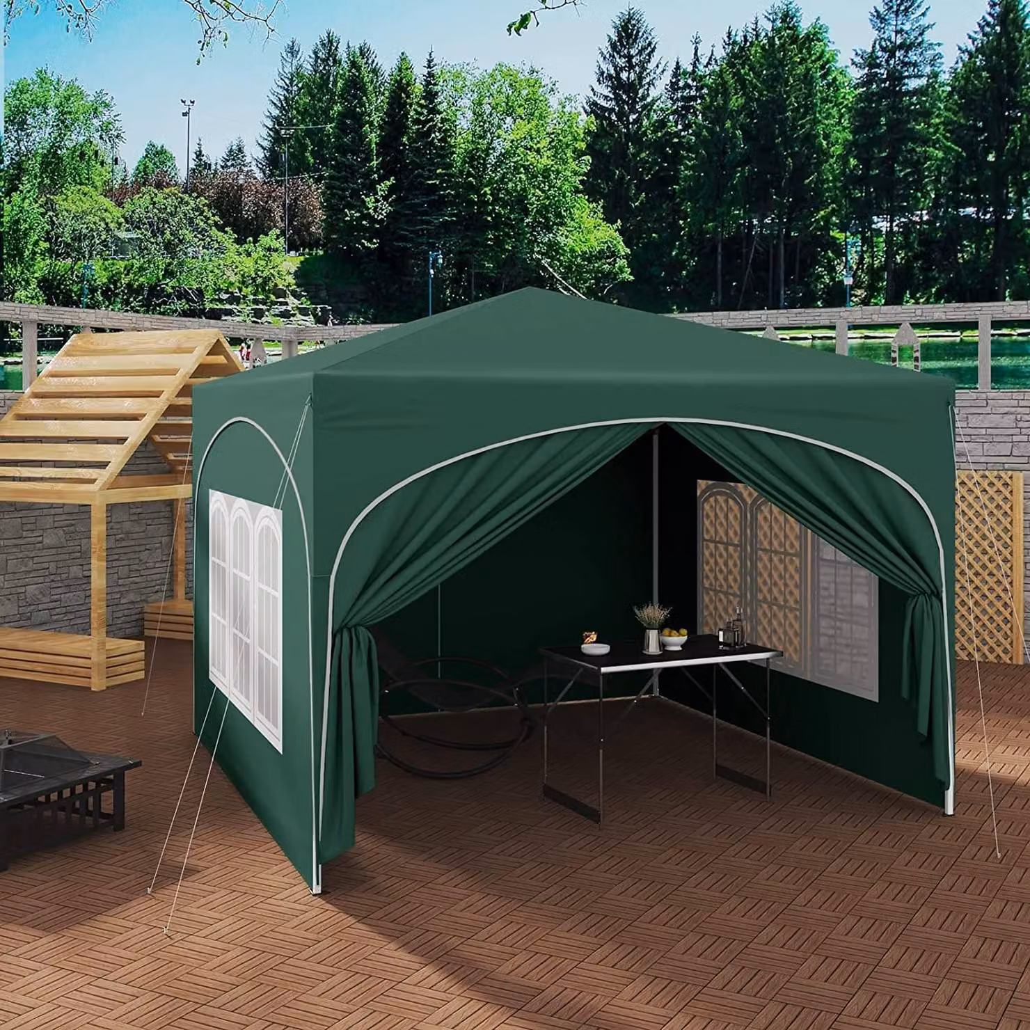 Gazebo da esterno regolabile, dimensioni 3x3 metri, impermeabile e con protezione UV | Verde | 300x300x250-258 cm