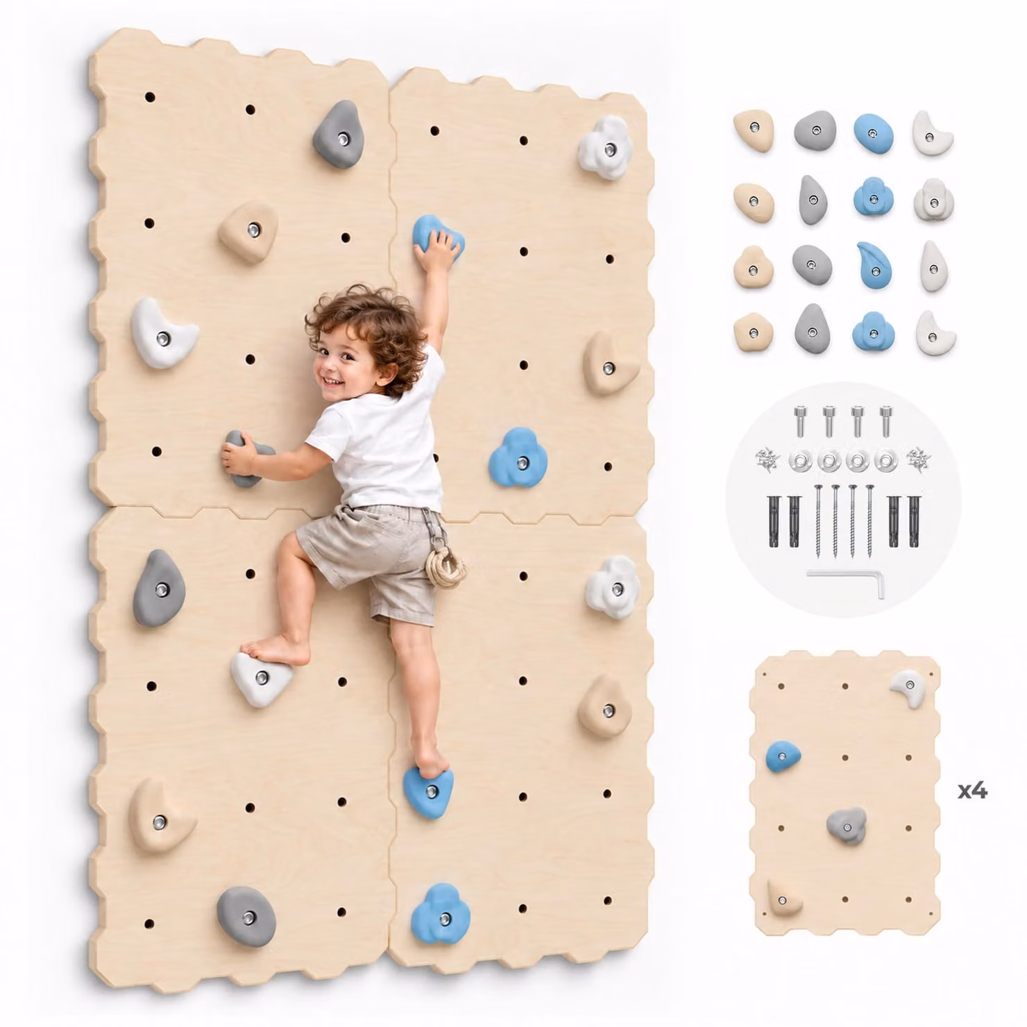MAMOI® Parete da arrampicata in legno per uso interno con 16 prese da arrampicata | Set da arrampicata con pannelli e prese | Pannello 100% ECO