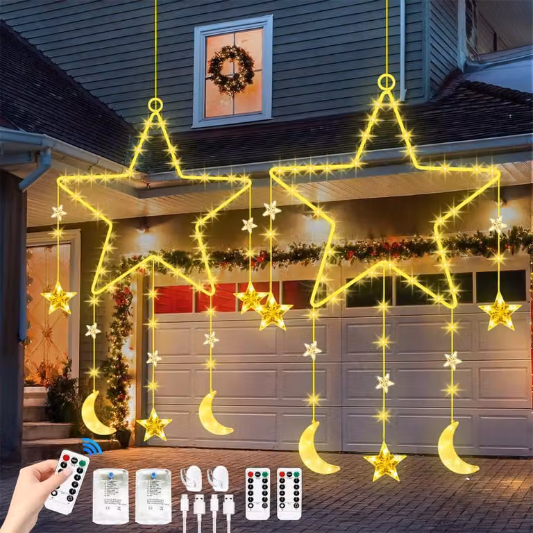 Set di 2 decorazioni a stella a LED per finestre, 30 cm, 8 modalità, con telecomando