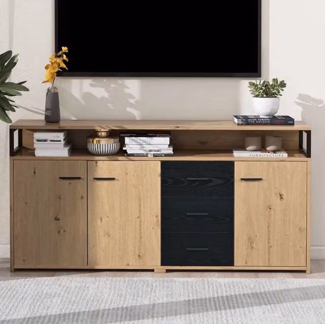 Credenza 150x35x75.9 cm con 3 ante; 3 cassetti e ripiani regolabili in pannello truciolare nero e naturale