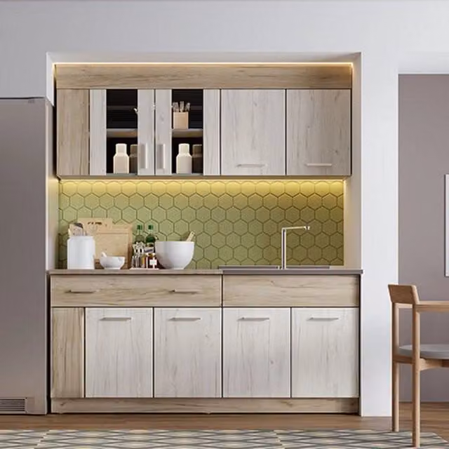 Cucinino Interamna DMORA moderno in legno e metallo con un cassetto e ante scorrevoli, Beige, L: 200 cm, H: 180 cm