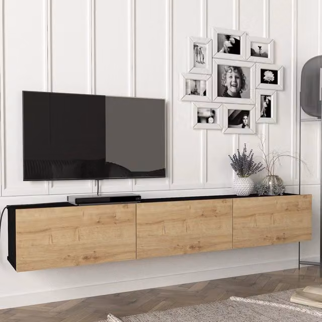 Mobile TV da parete Vihti en.casa con 3 ante a ribalta, colore Nero ed Effetto Rovere, L: 180 cm, P: 31 cm, H: 29,5 cm