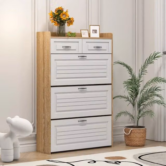 Mobiletto Portascarpe con 3 Ante Girevoli e 2 Cassetti in Legno, 80x23,5x131 cm, Bianco e Naturale
