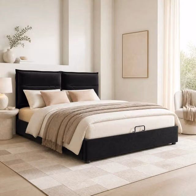 Letto matrimoniale contenitore 140x200 cm in velluto nero con testiera regolabile