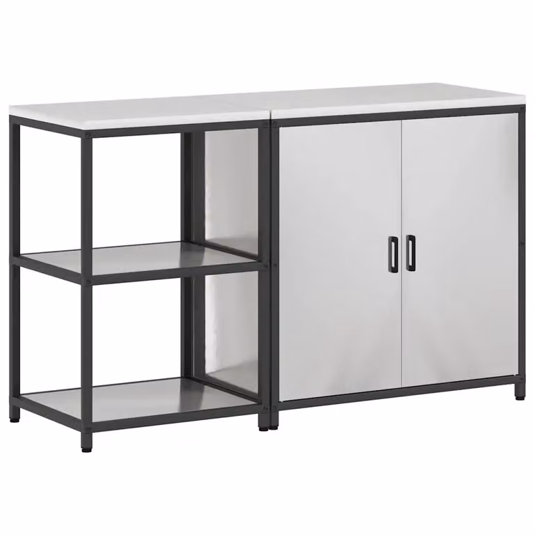 Mobile base per cucina moderno vidaXL in metallo bianco e argento con ante a cerniera e ripiani interni L/P/H: 150 x 50 x 92 cm