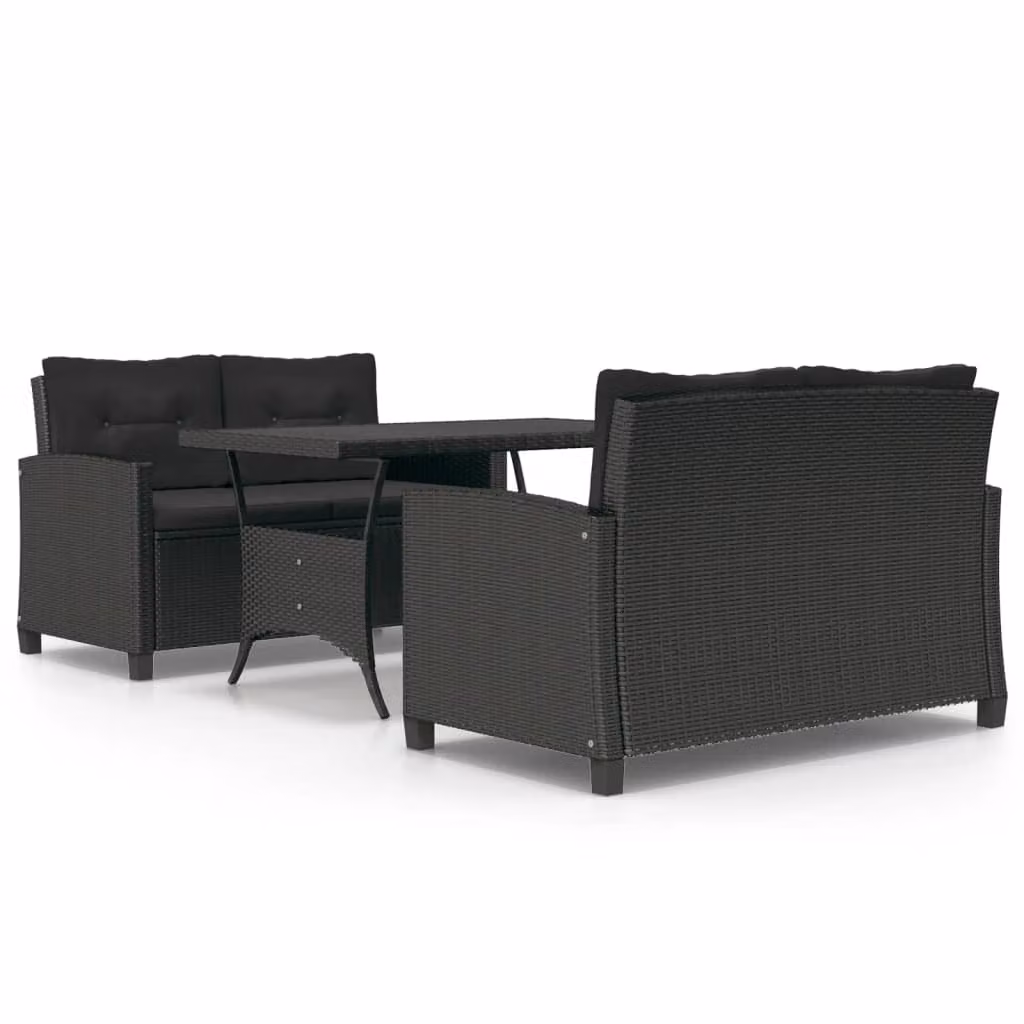Set da Pranzo da Giardino 3 pz con Cuscini Nero in Polyrattan