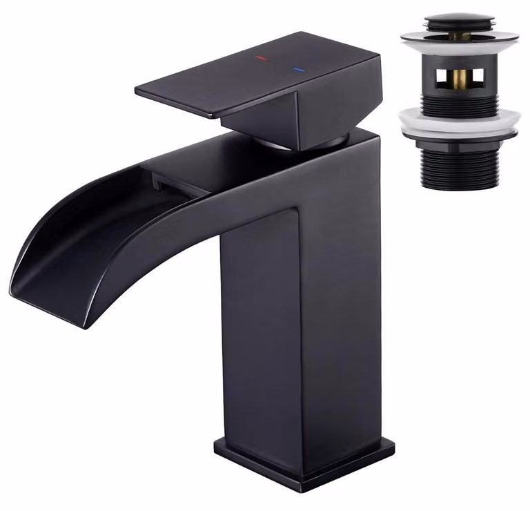 Miscelatore per lavabo da bagno, stile cascata, angolare, con sistema di scarico a scomparsa, monocomando, colore nero opaco, acciaio inossidabile 304