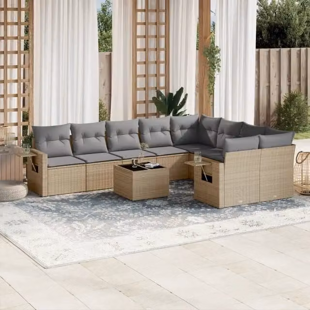 Set Divano da Giardino VIDAXL in Polyrattan con Cuscini Beige, 10 Pezzi
