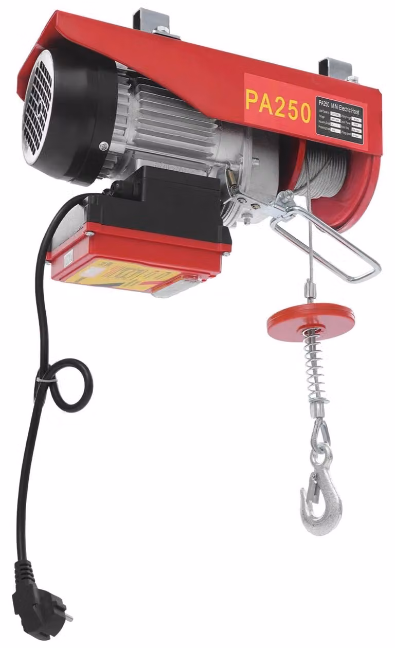 Verricello elettrico per sollevamento – 220V – Capacità di sollevamento: 250 kg – Telecomando wireless – Cavo in acciaio da 12 metri – Ideale per garage e magazzini – Dimensioni: 34x13x13,5 cm