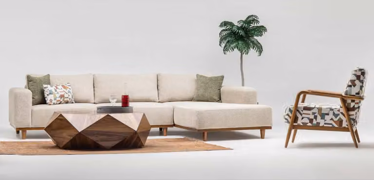 Komplette Ecksofa L-Form Sessel Polstersofa Stoffsofa Beige Sofa Couch