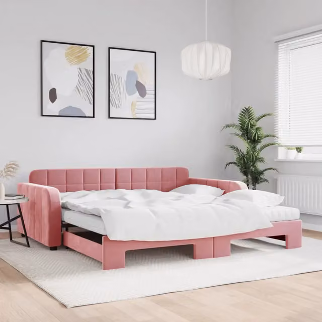 Divano Letto Estraibile vidaXL in Velluto Rosa con Cassetto per Soggiorno e Camera da Letto L/P/H: 223 x 110 x 71 cm, Materasso 100 x 200 cm – 1