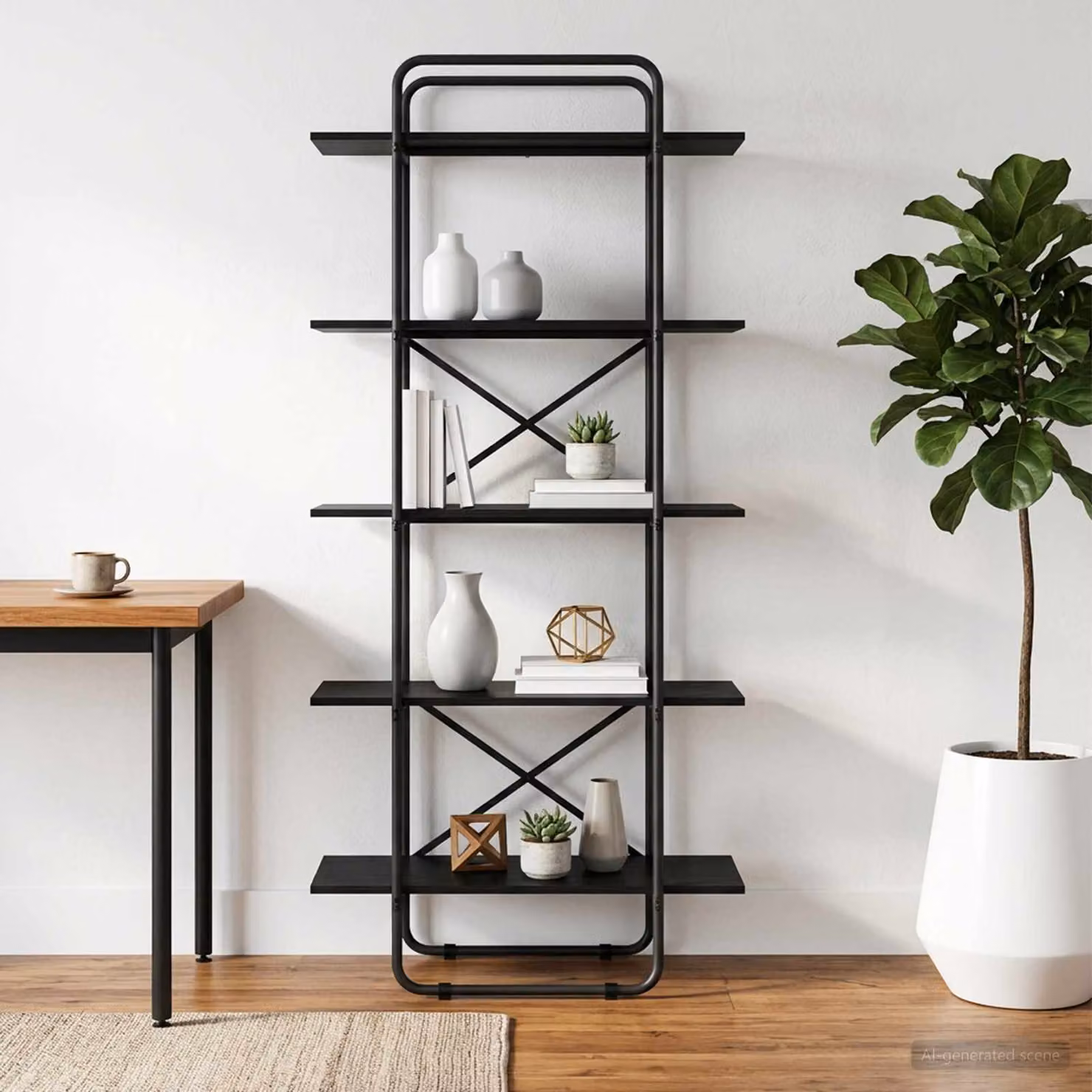 Libreria vidaXL a 5 livelli in stile industriale, colore nero e rovere, L: 60 cm, P: 35 cm, H: 175,5 cm