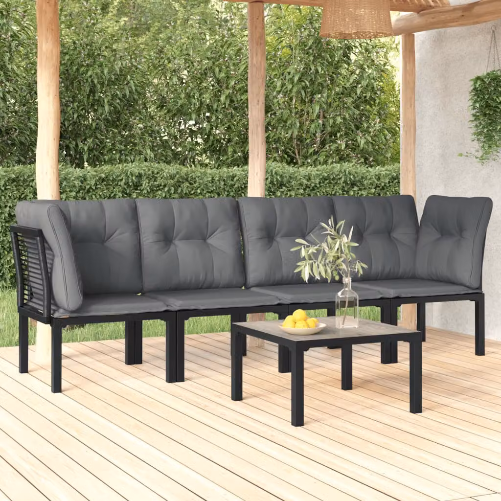 Set Salotto da Giardino vidaXL 5 Pezzi Moderno in Polyrattan Nero e Grigio con Cuscini e Tavolino
