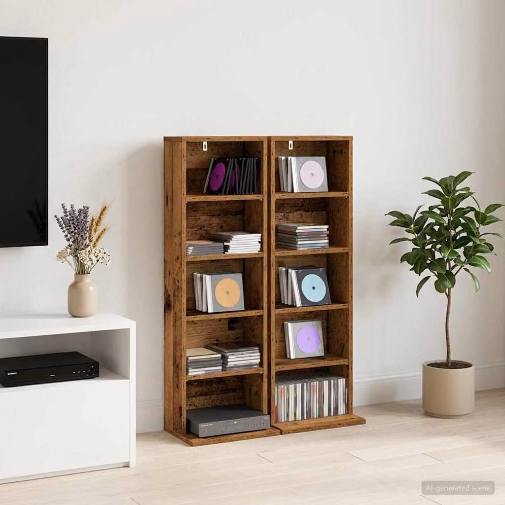 Set di 2 mobili porta CD vidaXL in legno color marrone antico con ripiani regolabili, L: 33 cm, P: 23,5 cm, H: 97,5 cm
