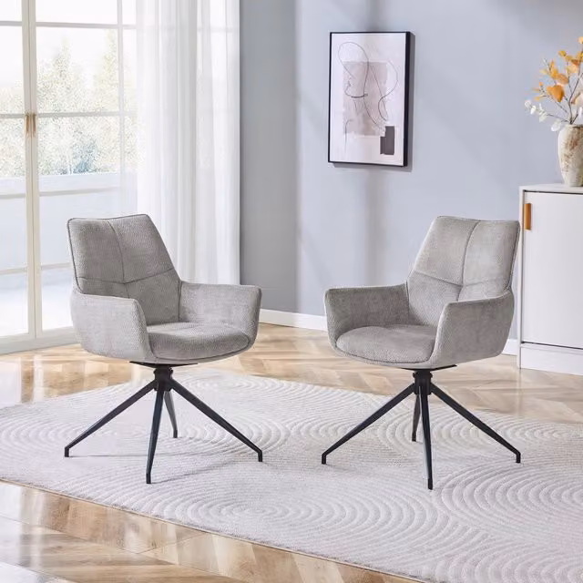 Chaise girevole 360 OKWISH in tessuto grigio con braccioli e struttura in metallo nero