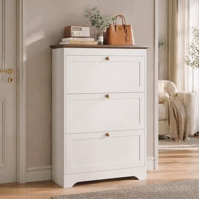 Armadio porta scarpe bianco in MDF con 3 ante a ribalta, maniglie rotonde in legno, 87x26x120 cm, per ingresso e corridoio