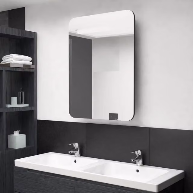 Armadietto a specchio con LED vidaXL nero per bagno con ante a battente e chiusura soft-close L: 60 cm, P: 11 cm, H: 80 cm