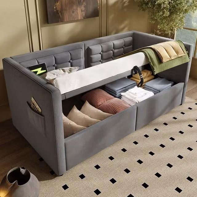 Divano letto-Xylo-90x200 cm-idraulico, USB-C, doghe legno, velluto, grigio