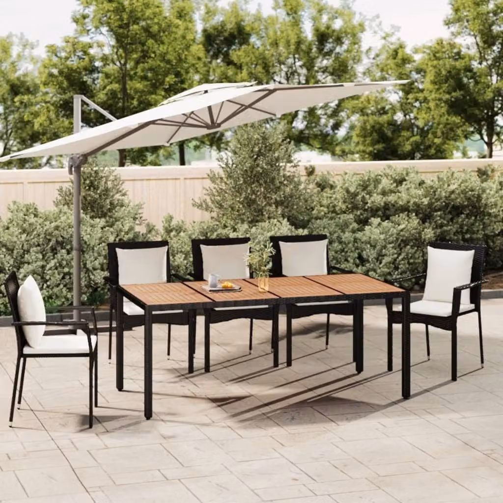 The Living Store Tavolo da giardino con piano in legno in poly rattan nero e legno di acacia
