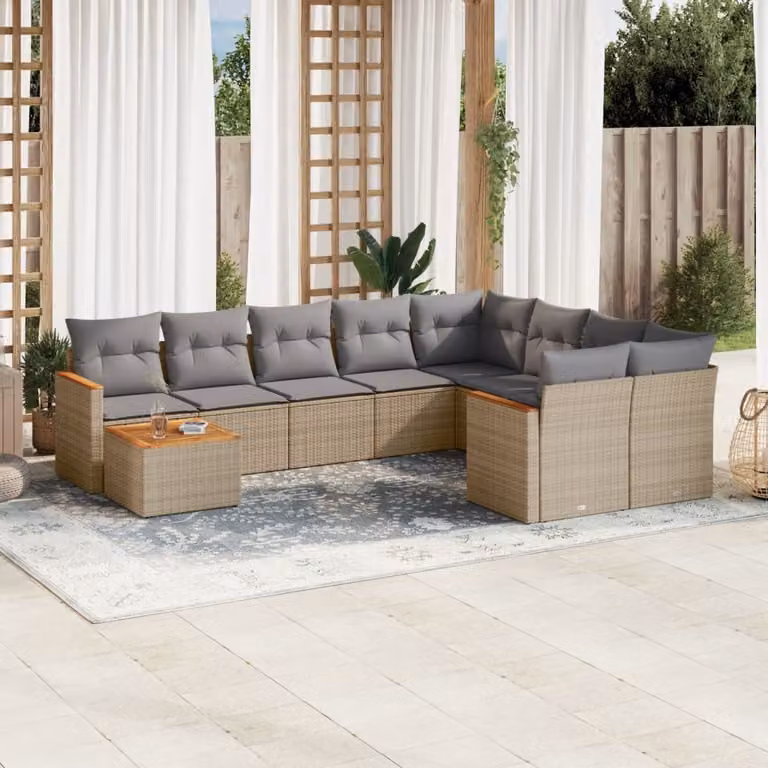 vidaXL Set Divano da Giardino 10 pz a Forma di L con Cuscini Beige e Grigio in Polyrattan e Legno di Acacia