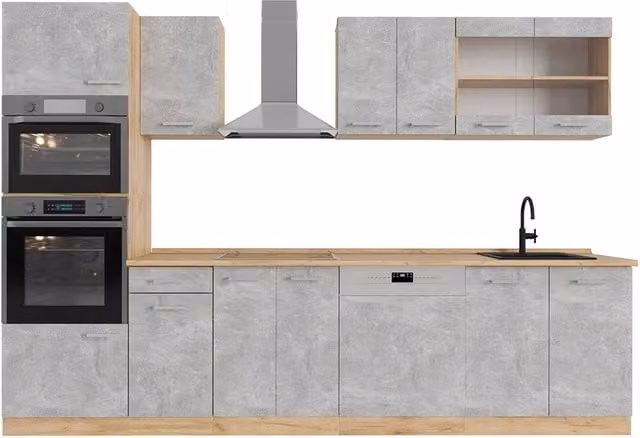 Cucina componibile moderna Vicco R-Line Calcestruzzo e Rovere dorato, larghezza: 300 cm, con armadio alto e senza piano di lavoro – 1