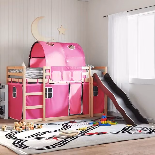Letto a castello per bambini vidaXL in legno di pino con scivolo e tende rosa e antracite L/P/H: 205.5 x 80 x 113 cm
