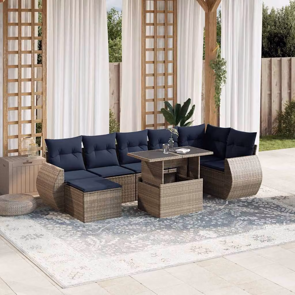 Set da giardino vidaXL in polyrattan composto da 8 pezzi con cuscini grigi e blu e tavolino da caffè per esterno