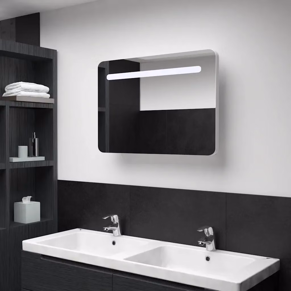 Armadietto da bagno moderno DESIGN IN con specchio e illuminazione LED, bianco e argento, L 80 cm x P 9,5 cm x H 55 cm – 2