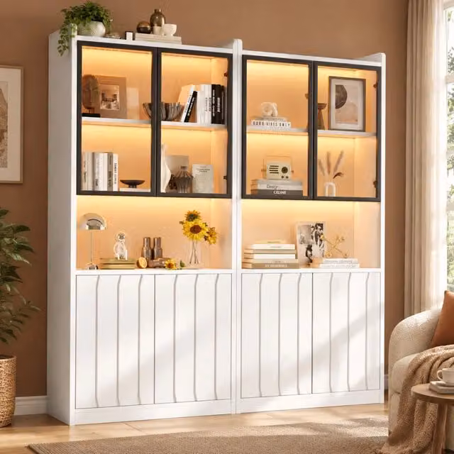 Vetrina doppia con LED Bluetooth 8 ante 4 in vetro 10 vani e ripiani regolabili bianca in truciolare 160 × 35 × 200 cm