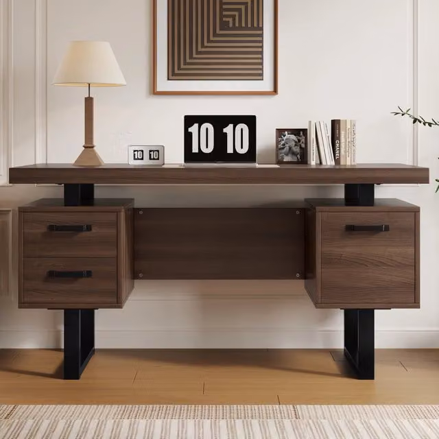 Scrivania da Computer Minimalista REDOM in MDF e Metallo, Colore Marrone e Nero