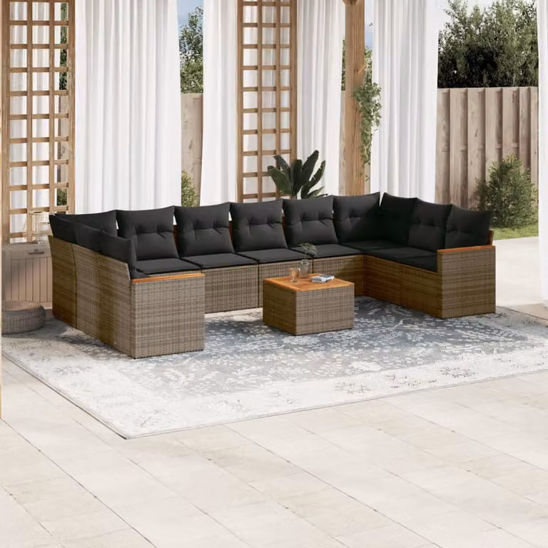 Set di divani da giardino vidaXL 11 pz in rattan grigio con cuscini e tavolino da esterno a forma di L