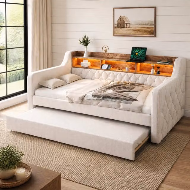 Letto estraibile 90x190 cm in velluto beige con ripiano; LED regolabile e USB-C