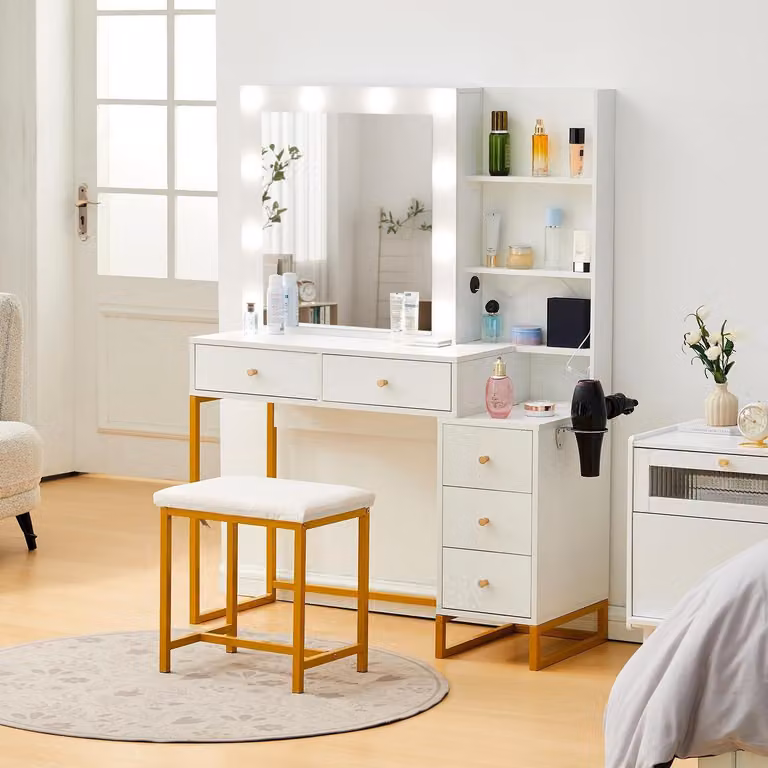Comò da trucco con illuminazione a LED e specchio, bianco, 80x40x135 cm
