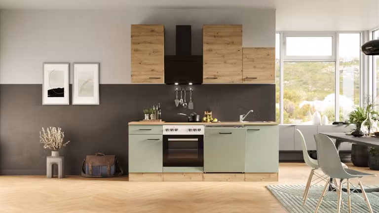 Mobile cucina con elettrodomestici Flex Well Cara 220 cm colore frontale rovere verde opaco colore mobile rovere