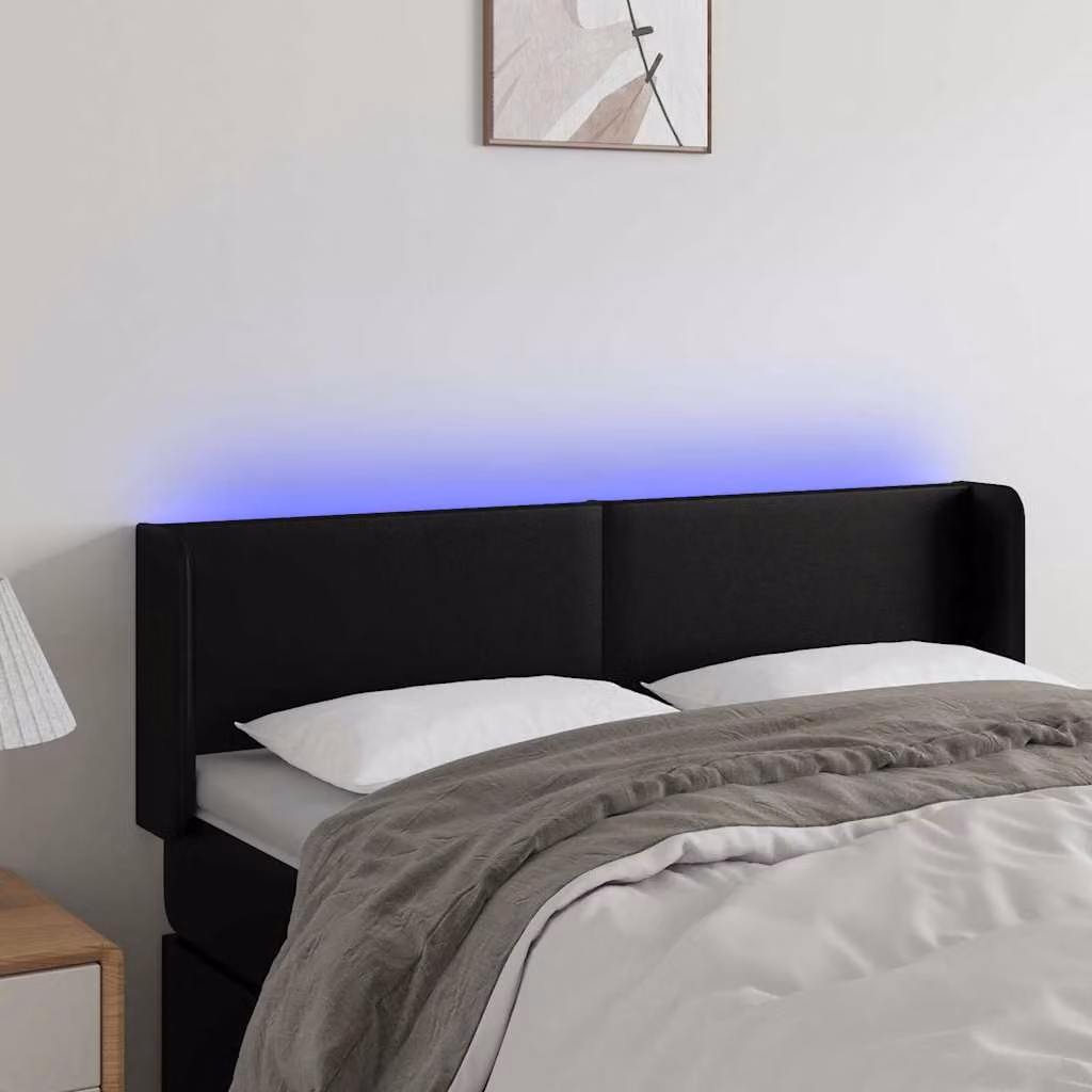 Testiera per letto vidaXL in similpelle nera con illuminazione LED e porta di ricarica USB, L: 147 cm, P: 16 cm, H: 78-88 cm