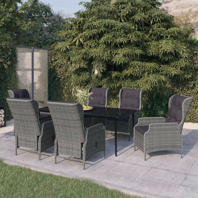 Set da pranzo da giardino vidaXL in metallo e rattan con tavolo in vetro, 7 pezzi, Grigio e Nero