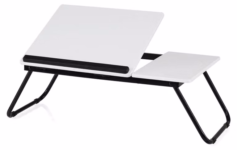 COSTWAY, tavolino pieghevole per laptop, 55x32x23 cm, tavolino da letto per notebook, regolabile in altezza su 4 livelli, scrivania realizzata in MDF e metallo, vassoio per laptop bianco
