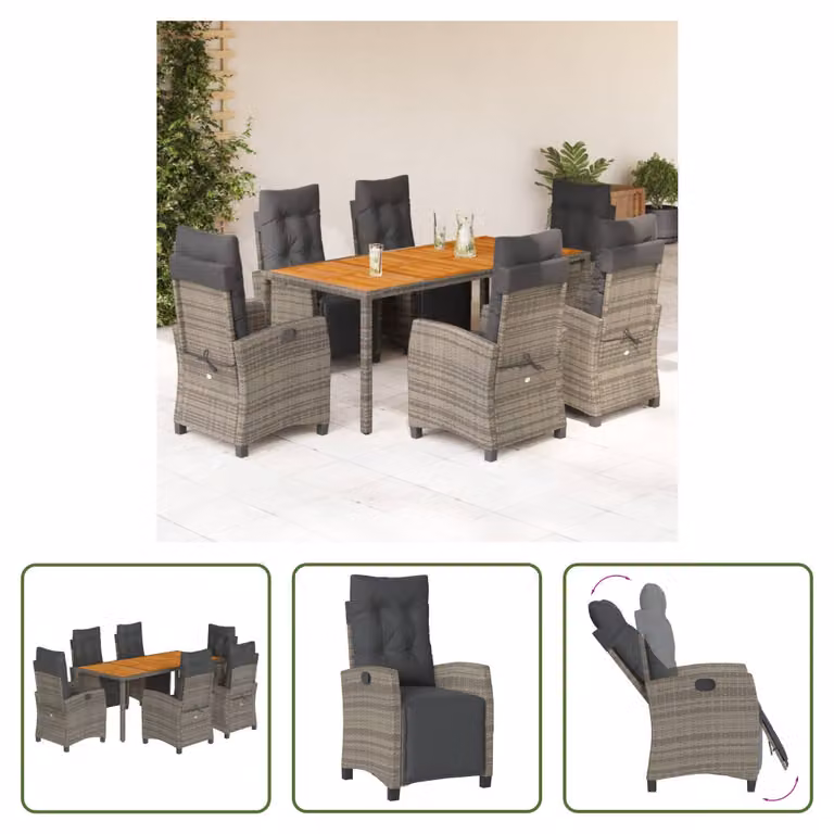 The Living Store Set da pranzo da giardino 7 pezzi con cuscini in poly rattan grigio