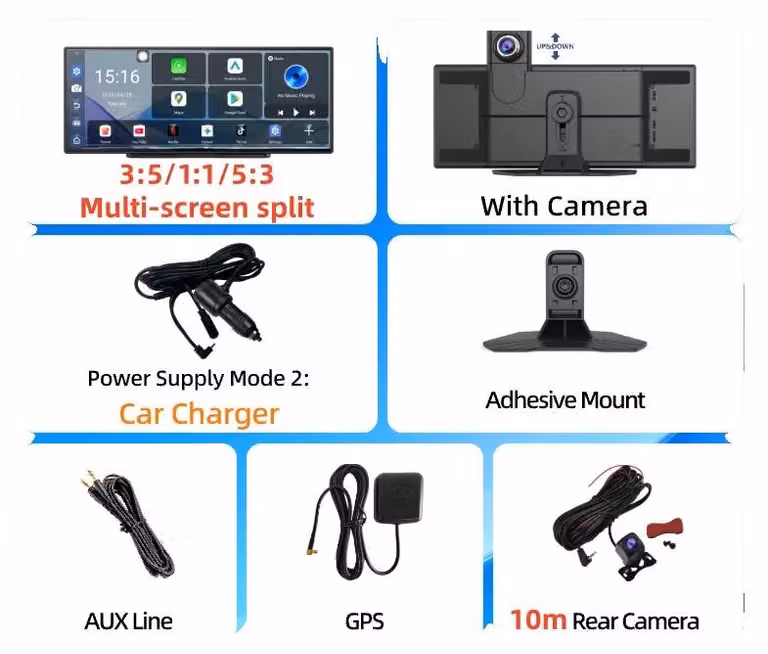Dashcam per auto, con doppia connessione Wi-Fi, funzione schermo diviso, 6 GB di RAM, telecamera posteriore da 10 metri, inclusa scheda TF da 128 GB