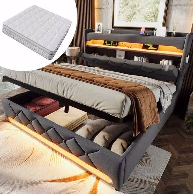 Letto imbottito 180x200 cm con contenitore idraulico, LED e materasso, rivestimento in lino grigio