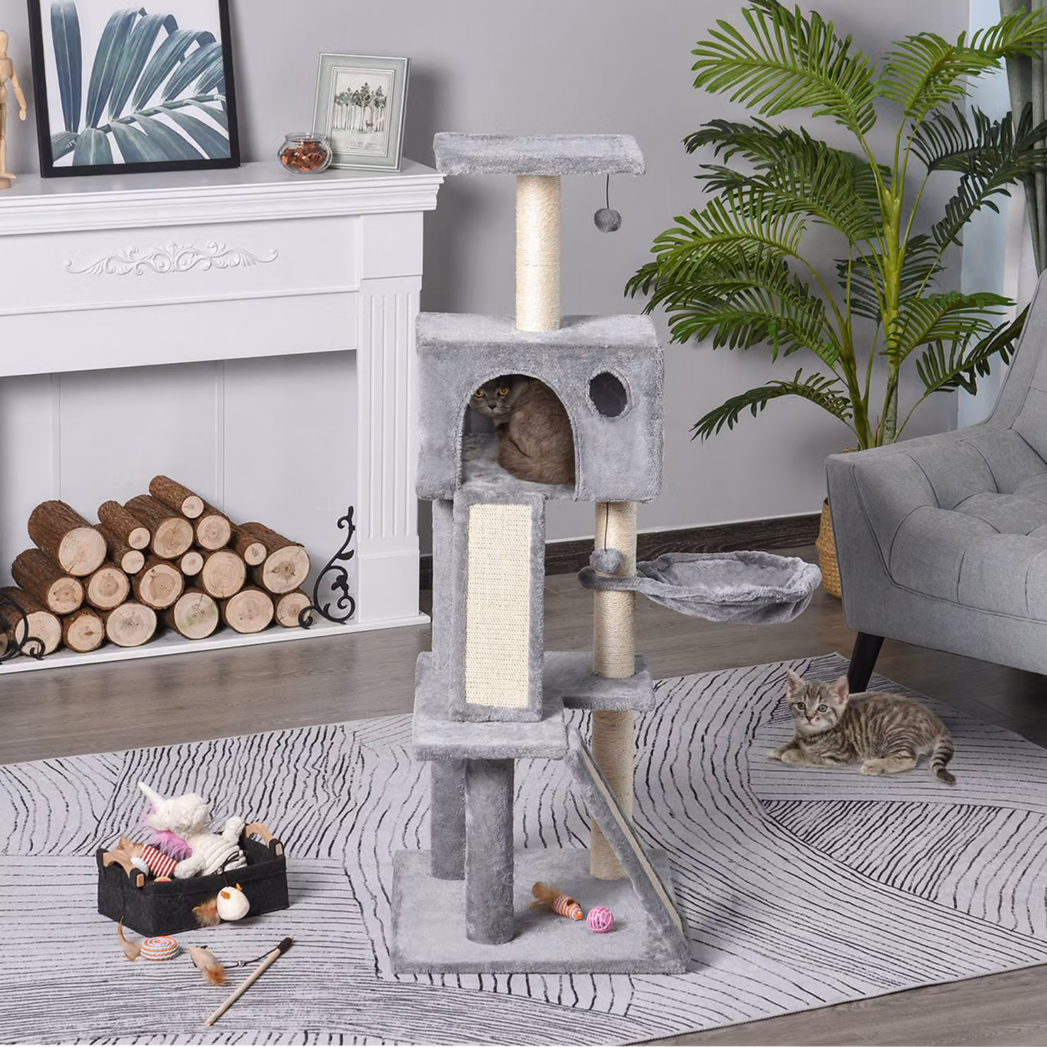 Albero tiragraffi per gatti PawHut con cuccia, amaca e scale in peluche grigio Aosom – 2