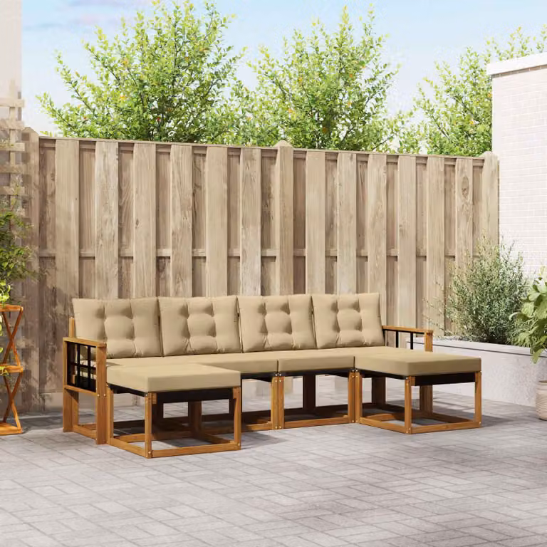 vidaXL Set di divani da esterno 6 pz a forma di L in legno di acacia con cuscini, colore marrone e beige