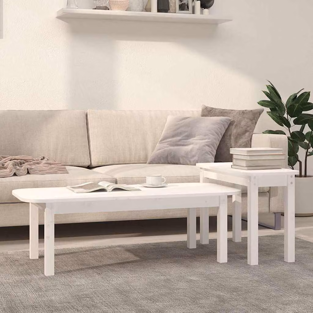Set di 2 tavolini da salotto vidaXL in legno massello di pino bianco con piano rettangolare e angoli arrotondati